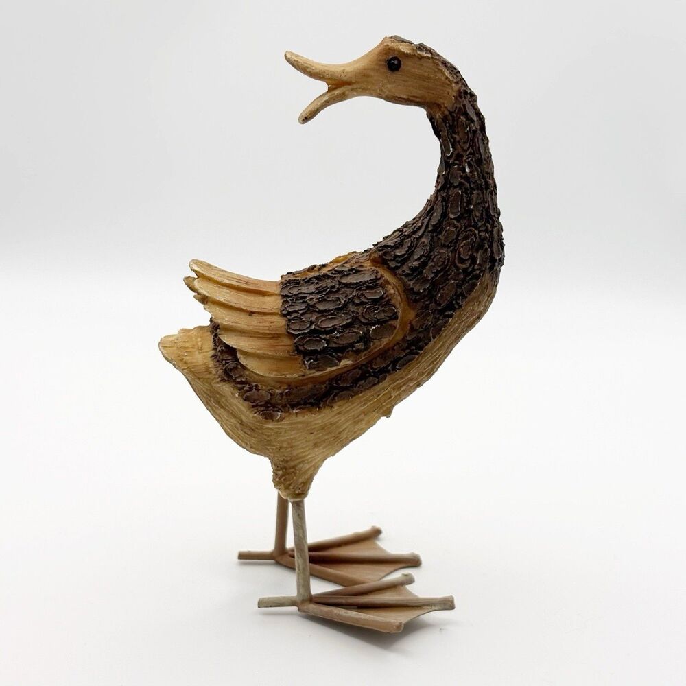Resin Duck Figurine 5” Tree Bark Look Metal Feet Decoy Cabin Man Cave Hunting